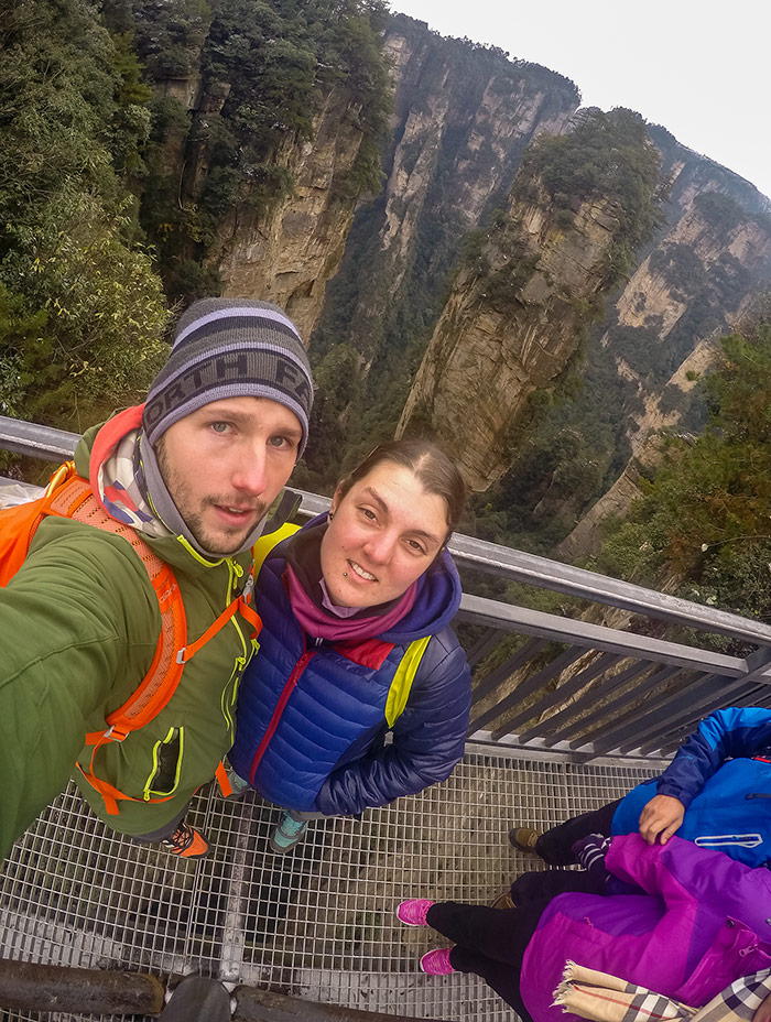 Nic and Shorty taking a selfie at Avatar Hallelujah Mountain when using a guide visiting zhangjiajie forest national park in China