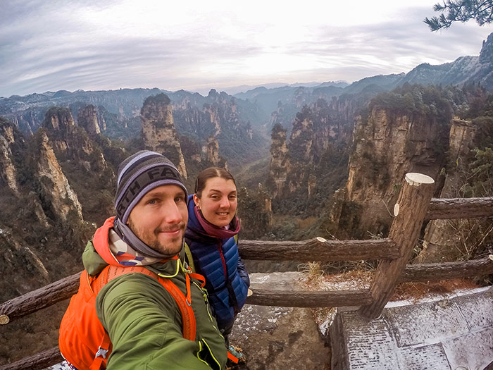 Nic and shorty doing a selfie when visiting zhangjiajie, china, behind them you can see the view out down the valley of the avatar mountains