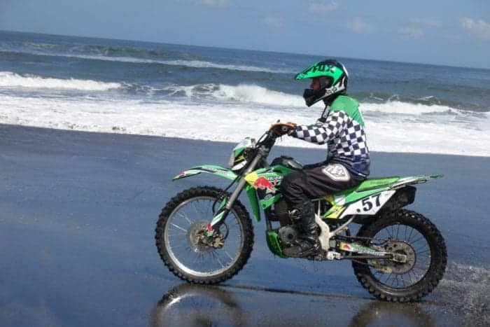 Dirt biking along the black sand beaches of Bali, a different way to spend the day at the beach, Dirt bike Bali, bali dirt bike tours, bali dirt bike adventures, Indonesia, Cost, Enduro Bike tour, Crosser, Off road bike, Kawasaki, 
