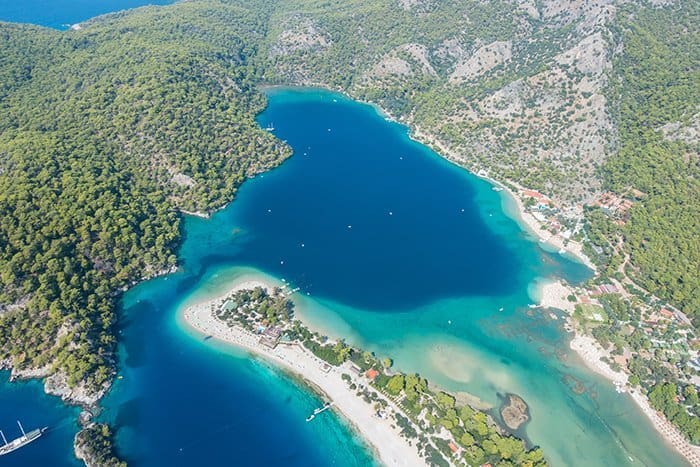 Looking down over the Blue Lagoon whilst paragliding in Oludeniz, Fethiye, Turkey