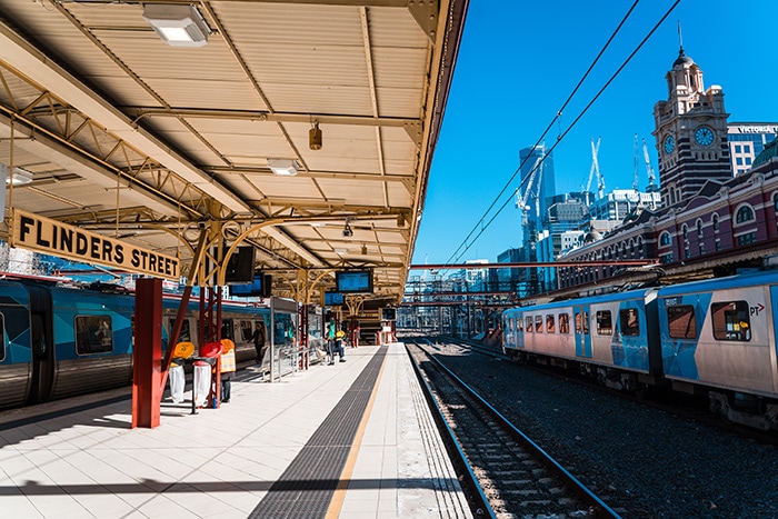 platforms at flinders street station, melbourne. (Backpacking in Australia, Working and travelling in Australia, Cheap domestic flights Australia, Backpacking in Australia, Travel tips for Australia, Trip around Australia, Budget travel in Australia, Travelling in Australia budget, Backpacking Australia on a budget, Australia backpacking guide, Backpacking Australia budget, Backpacker budget Australia)