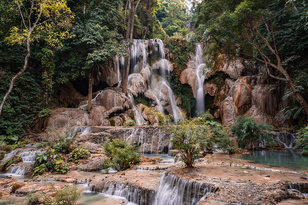 The large main drop of One of Kuang Si waterfall in Luang Prabang, Laos