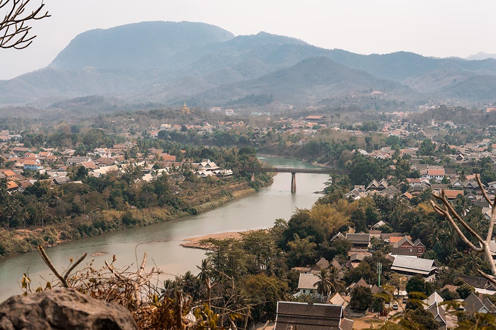 The view from Mount Phousi, looking out over the river and other mountains in the centre of Luang Prabang, Laos