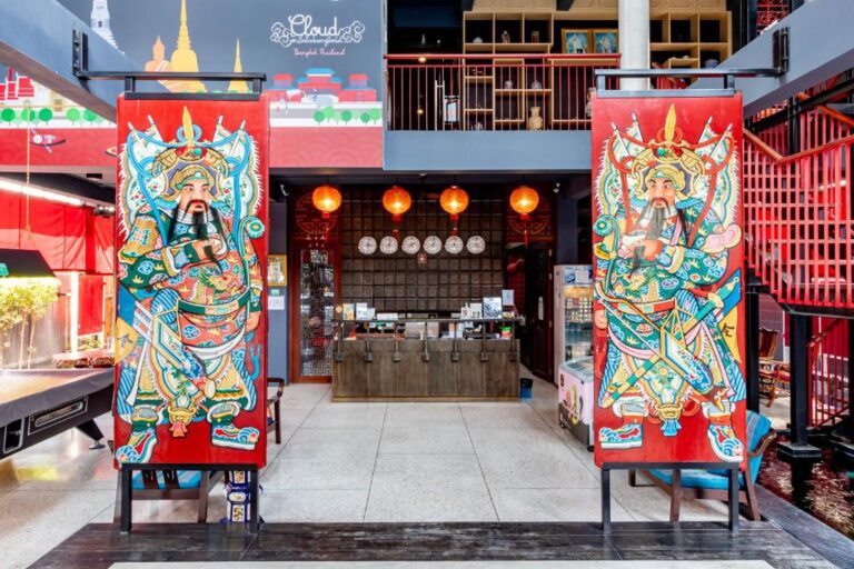 Entrance to a hostel that has been converted from an old temple in Bangkok, Thailand