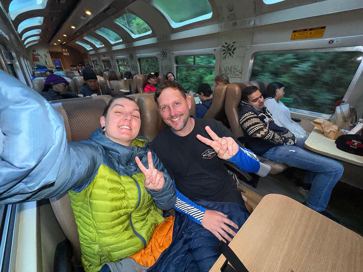Nic and Shorty on the inca rail train to Machu Picchu from Ollantaytambo