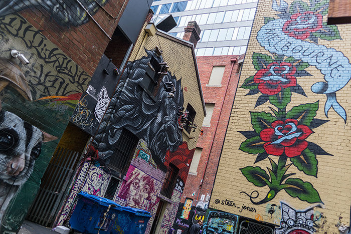 Street art and graffiti including a rose tattoo design on Duckboard Place in Melbourne, Australia 