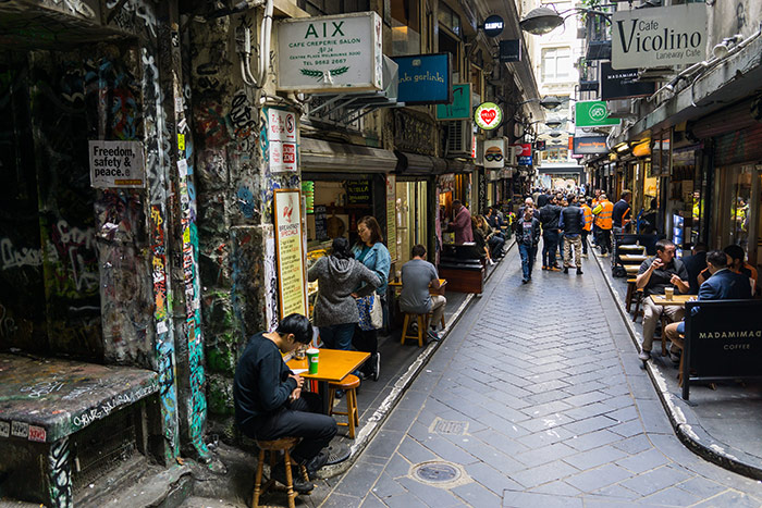 Looking down Centre Place in Melbourne, Australia, a tight laneway with cafes and coffee shops as well as street art and graffiti