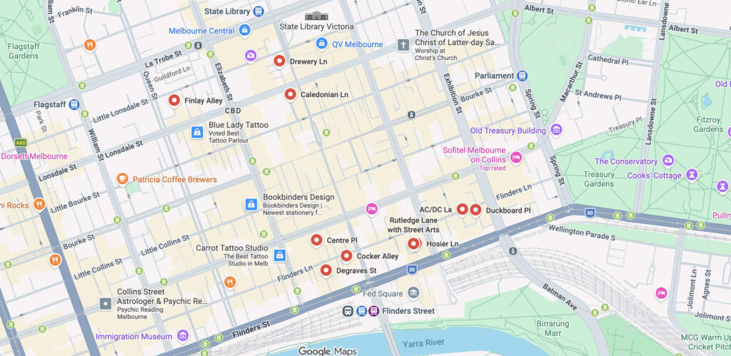 A map of all the best street art locations in Melbourne